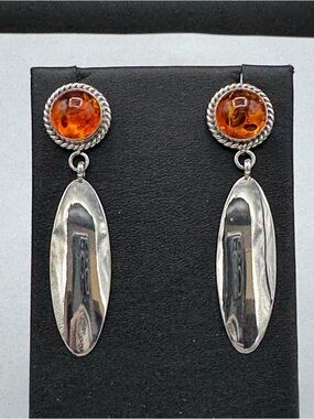 Sterling Silver Dangle Earrings with Amber Cabochons
